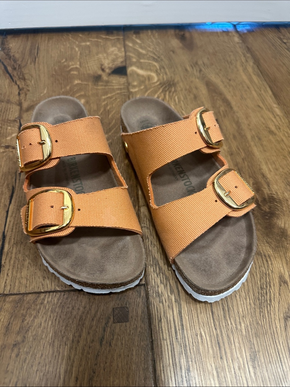 Birkenstock Orange Double Strap Sandals with Gold Buckles